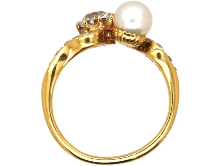 Edwardian 18ct Gold Diamond & Natural Pearl Crossover Ring
