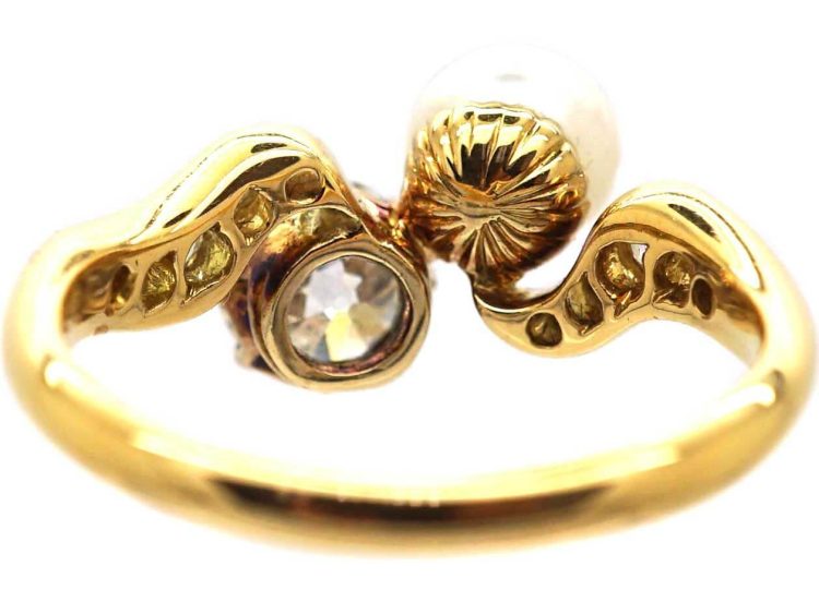 Edwardian 18ct Gold Diamond & Natural Pearl Crossover Ring