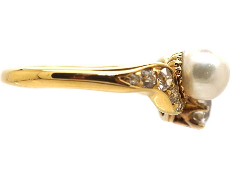 Edwardian 18ct Gold Diamond & Natural Pearl Crossover Ring