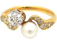 Edwardian 18ct Gold Diamond & Natural Pearl Crossover Ring