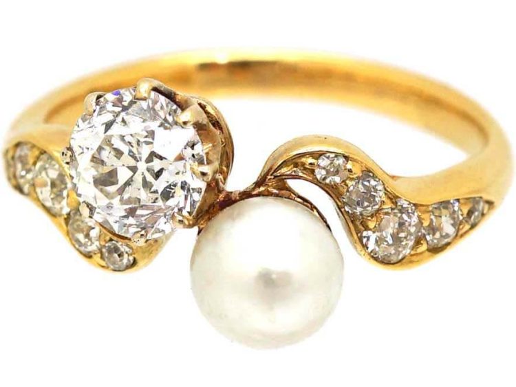 Edwardian 18ct Gold Diamond & Natural Pearl Crossover Ring
