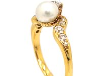 Edwardian 18ct Gold Diamond & Natural Pearl Crossover Ring