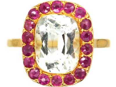 Art Deco French 18ct Gold, Aquamarine & Ruby Ring