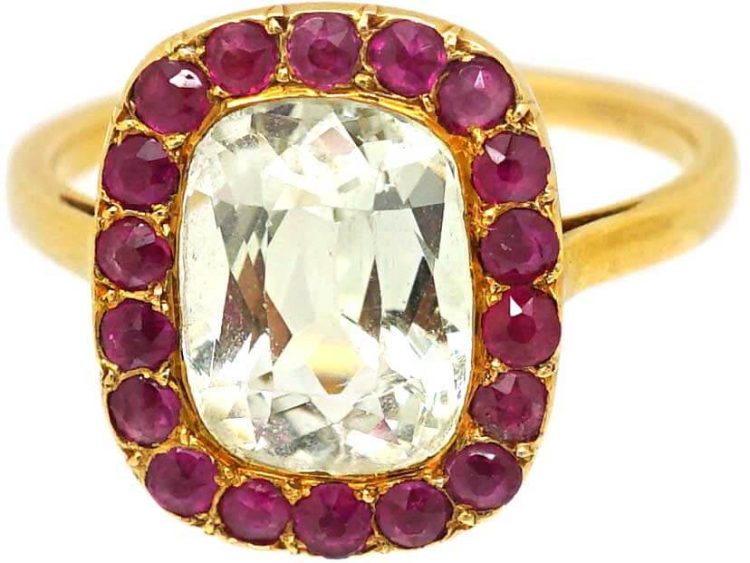 Art Deco French 18ct Gold, Aquamarine & Ruby Ring