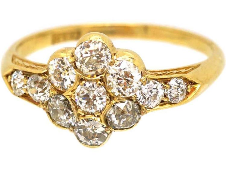 Edwardian 18ct Gold Diamond Cluster Ring with Diamond set Shoulders