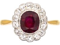 Edwardian 18ct Gold & Platinum, Ruby & Diamond Oval Cluster Ring