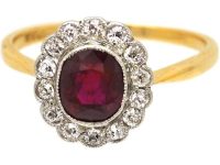Edwardian 18ct Gold & Platinum, Ruby & Diamond Oval Cluster Ring