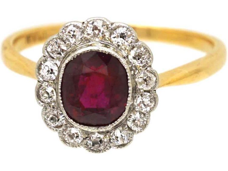 Edwardian 18ct Gold & Platinum, Ruby & Diamond Oval Cluster Ring