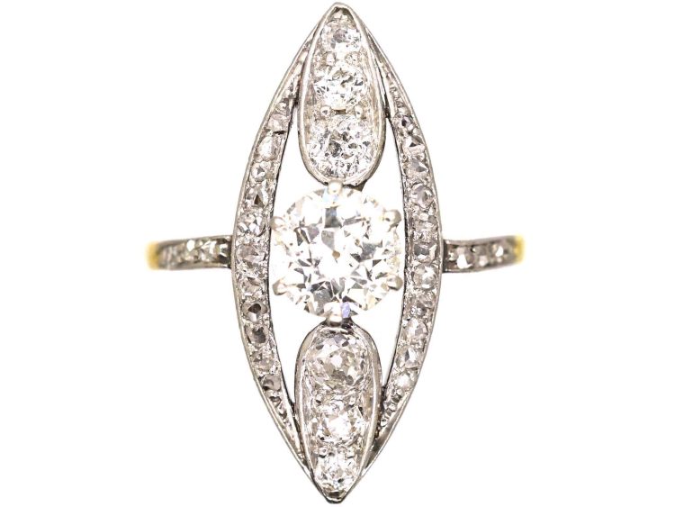 Edwardian 18ct Gold & Platinum Marquise Ring set with Diamonds