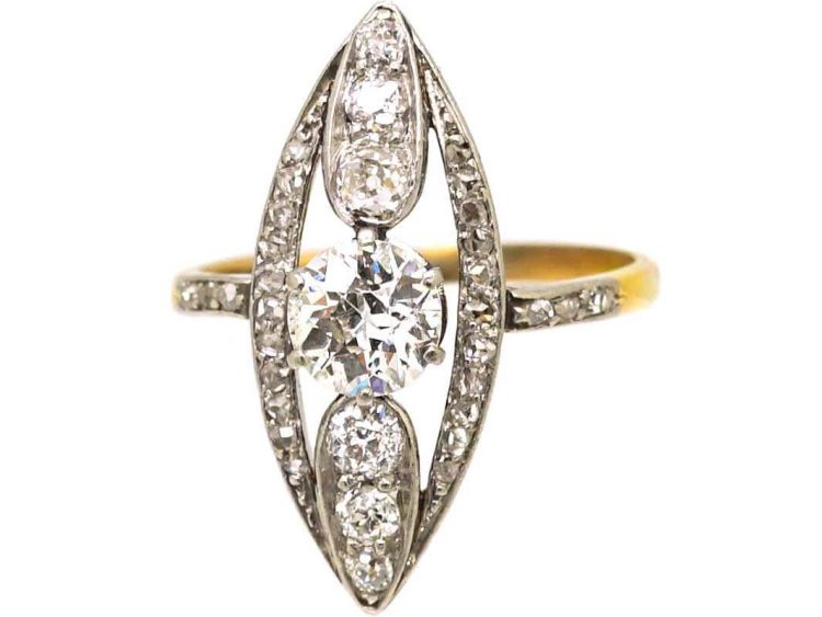 Edwardian 18ct Gold & Platinum Marquise Ring set with Diamonds
