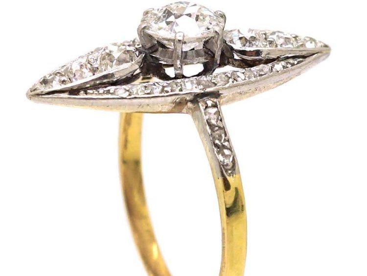Edwardian 18ct Gold & Platinum Marquise Ring set with Diamonds