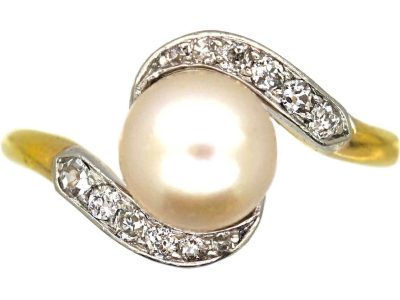 Art Nouveau 18ct Gold & Platinum Crossover Ring set with a Natural Bouton Pearl & Diamonds