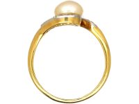Art Nouveau 18ct Gold & Platinum Crossover Ring set with a Natural Bouton Pearl & Diamonds