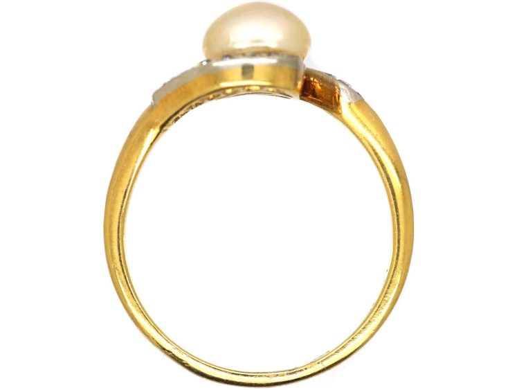 Art Nouveau 18ct Gold & Platinum Crossover Ring set with a Natural Bouton Pearl & Diamonds