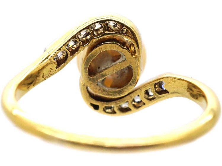 Art Nouveau 18ct Gold & Platinum Crossover Ring set with a Natural Bouton Pearl & Diamonds