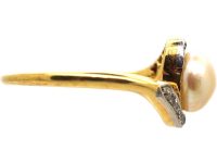 Art Nouveau 18ct Gold & Platinum Crossover Ring set with a Natural Bouton Pearl & Diamonds