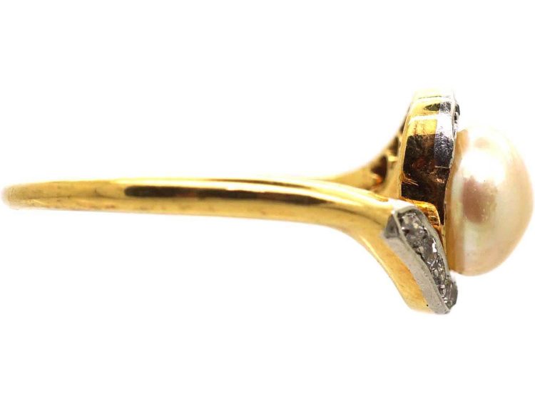 Art Nouveau 18ct Gold & Platinum Crossover Ring set with a Natural Bouton Pearl & Diamonds