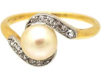 Art Nouveau 18ct Gold & Platinum Crossover Ring set with a Natural Bouton Pearl & Diamonds
