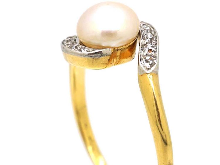 Art Nouveau 18ct Gold & Platinum Crossover Ring set with a Natural Bouton Pearl & Diamonds