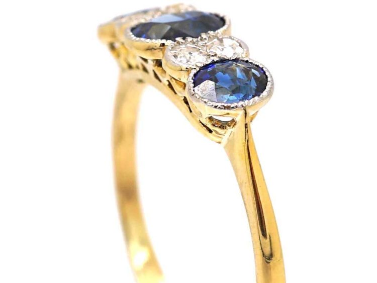 Edwardian 18ct Gold & Platinum, Three Stone Sapphire & Diamond Ring