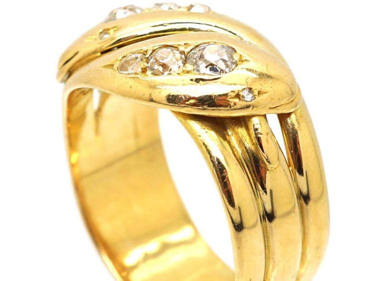 Victorian 18ct Gold Double Snake Ring set with Diamonds