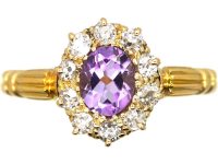 Edwardian 18ct Gold, Amethyst & Diamond Oval Cluster Ring