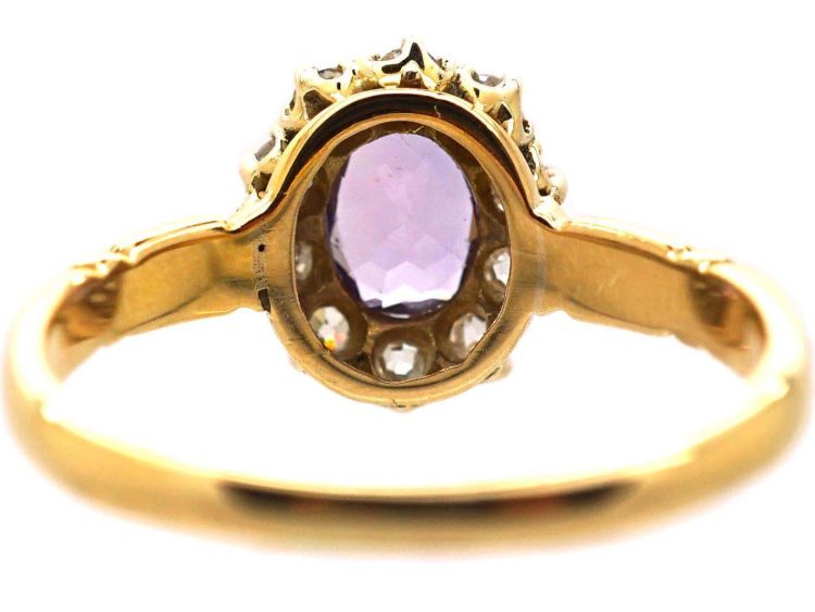 Edwardian 18ct Gold, Amethyst & Diamond Oval Cluster Ring