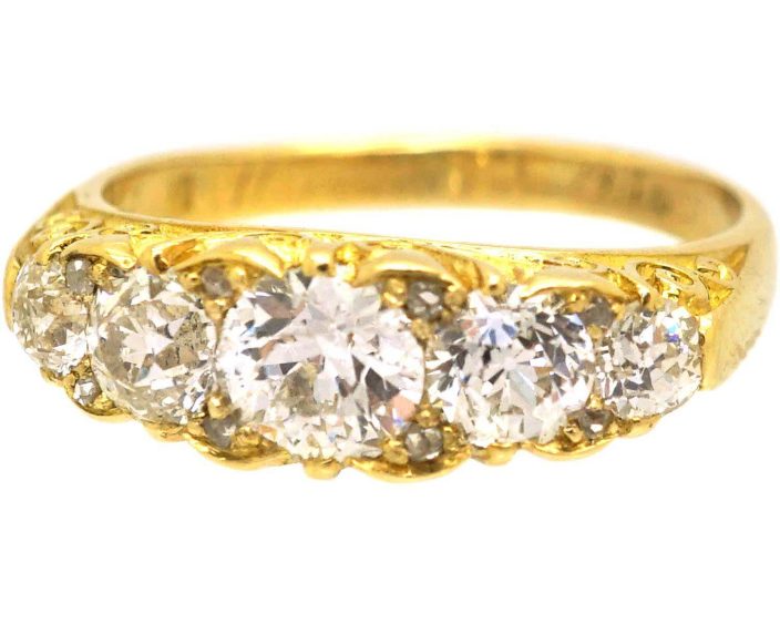 Victorian 18ct Gold Carved Half Hoop Five Stone Diamond Ring