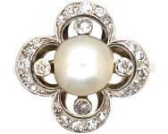 Victorian 18ct Gold & Silver, Natural Bouton Pearl & Diamond Quatrefoil Ring