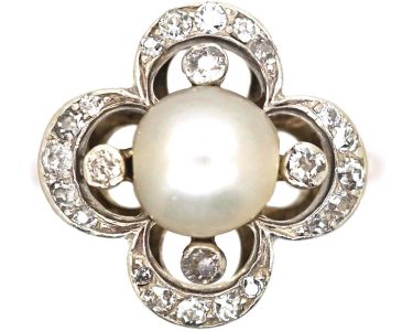 Victorian 18ct Gold & Silver, Natural Bouton Pearl & Diamond Quatrefoil Ring