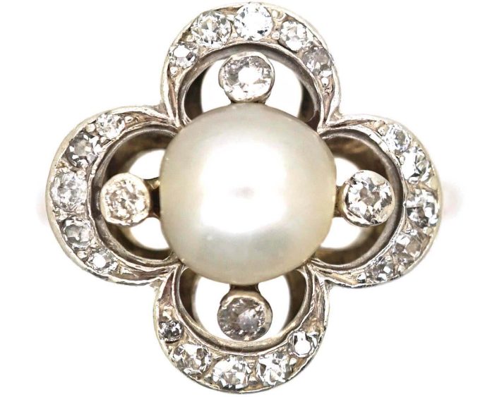 Victorian 18ct Gold & Silver, Natural Bouton Pearl & Diamond Quatrefoil Ring