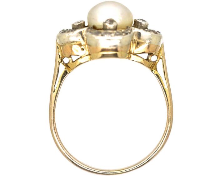 Victorian 18ct Gold & Silver, Natural Bouton Pearl & Diamond Quatrefoil Ring