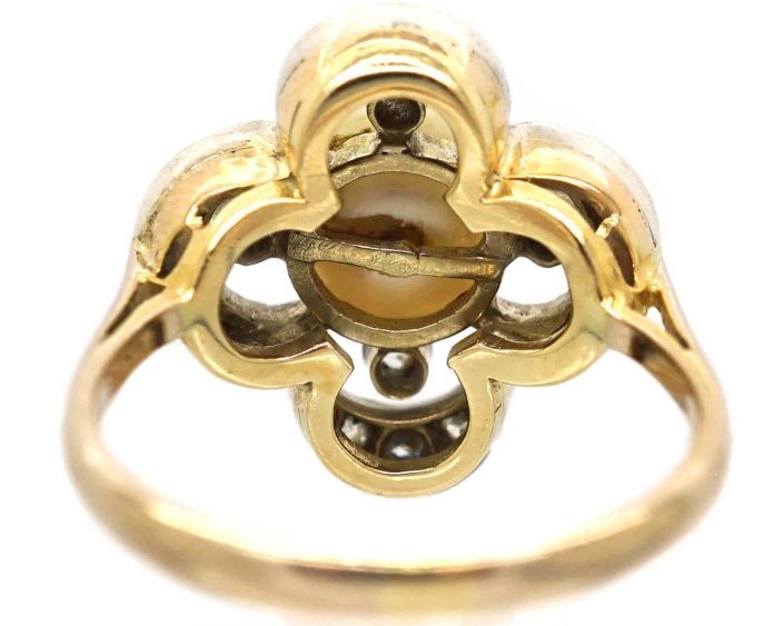 Victorian 18ct Gold & Silver, Natural Bouton Pearl & Diamond Quatrefoil Ring