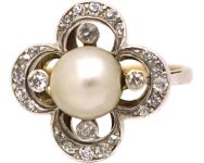 Victorian 18ct Gold & Silver, Natural Bouton Pearl & Diamond Quatrefoil Ring