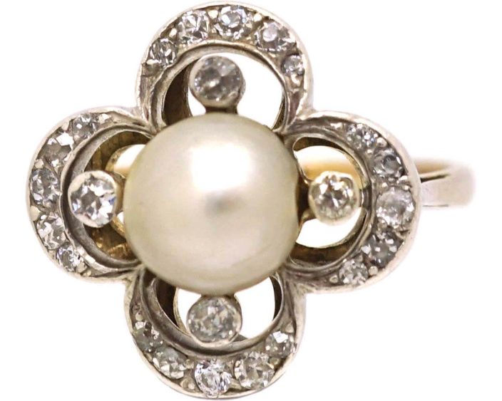 Victorian 18ct Gold & Silver, Natural Bouton Pearl & Diamond Quatrefoil Ring