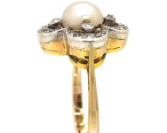 Victorian 18ct Gold & Silver, Natural Bouton Pearl & Diamond Quatrefoil Ring