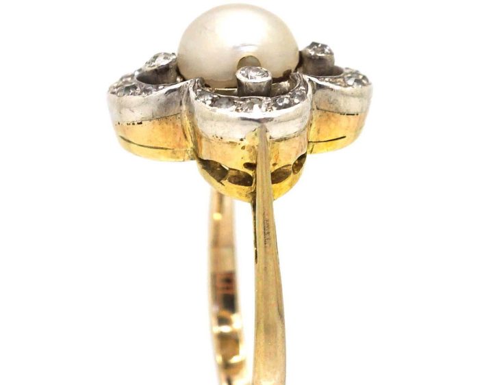 Victorian 18ct Gold & Silver, Natural Bouton Pearl & Diamond Quatrefoil Ring