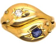 Edwardian 18ct Gold Double Snake Ring set with a Sapphire & a Diamond