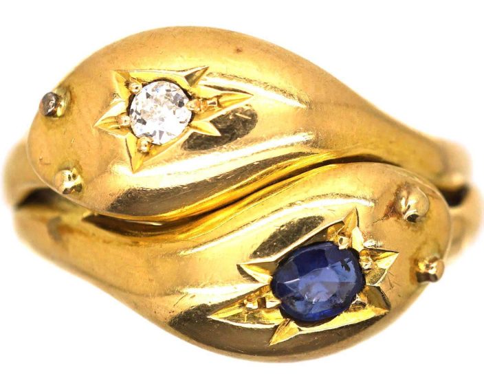 Edwardian 18ct Gold Double Snake Ring set with a Sapphire & a Diamond