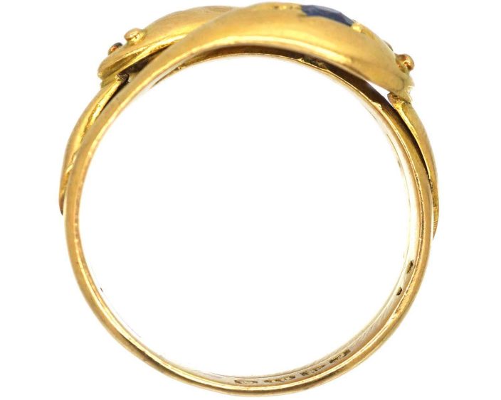 Edwardian 18ct Gold Double Snake Ring set with a Sapphire & a Diamond