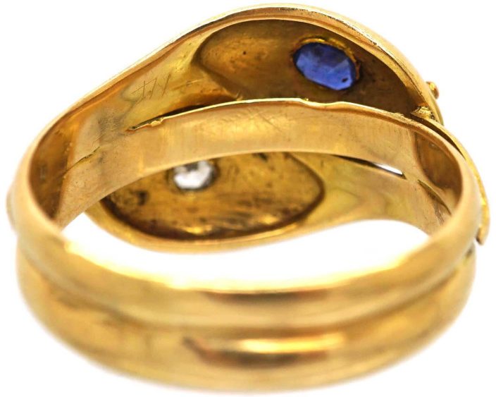 Edwardian 18ct Gold Double Snake Ring set with a Sapphire & a Diamond