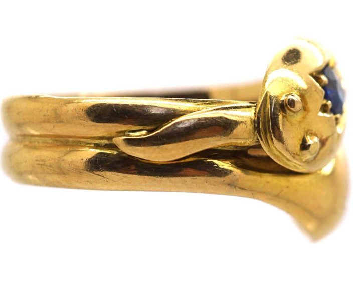 Edwardian 18ct Gold Double Snake Ring set with a Sapphire & a Diamond