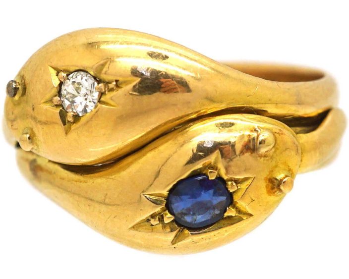 Edwardian 18ct Gold Double Snake Ring set with a Sapphire & a Diamond