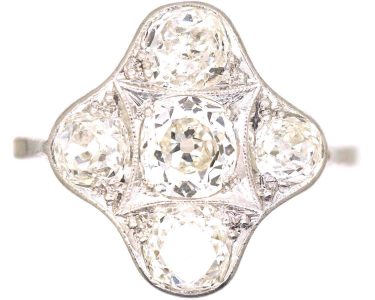 Art Deco Platinum Ring set with Five Old Mine Cut Diamonds