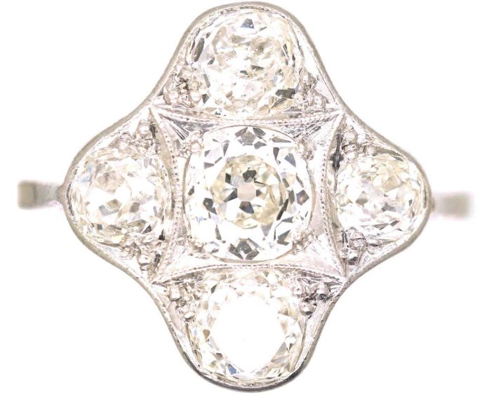 Art Deco Platinum Ring set with Five Old Mine Cut Diamonds