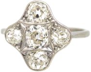 Art Deco Platinum Ring set with Five Old Mine Cut Diamonds