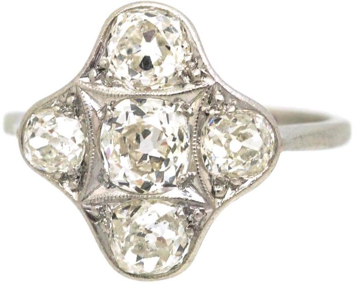 Art Deco Platinum Ring set with Five Old Mine Cut Diamonds