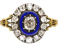 Georgian 15ct Gold & Silver, Blue Enamel & Diamond Oval Cluster Ring