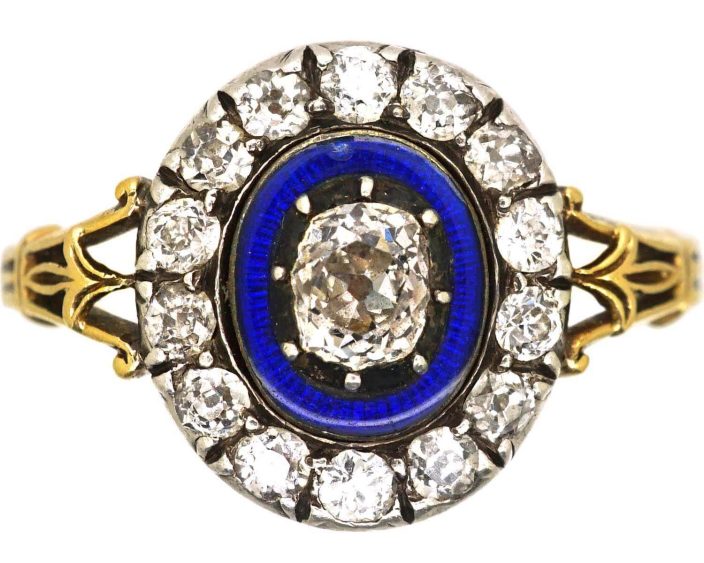 Georgian 15ct Gold & Silver, Blue Enamel & Diamond Oval Cluster Ring
