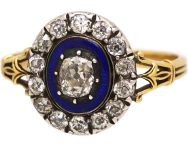 Georgian 15ct Gold & Silver, Blue Enamel & Diamond Oval Cluster Ring